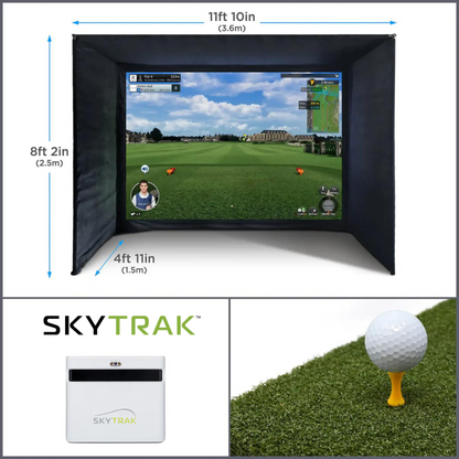 The SkyTrak+ Home Virtual Golf Simulator Bundle by SimTech Golf. Consisting of a SimTech enclosure, a skytrak+ launch monitor and a hitting mat.