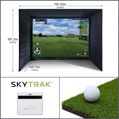 The SkyTrak+ Home Virtual Golf Simulator Bundle by SimTech Golf. Consisting of a SimTech enclosure, a skytrak+ launch monitor and a hitting mat.