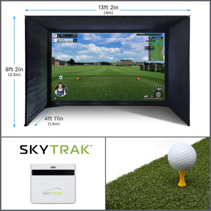 The SkyTrak+ Home Virtual Golf Simulator Bundle by SimTech Golf. Consisting of a SimTech enclosure, a skytrak+ launch monitor and a hitting mat.