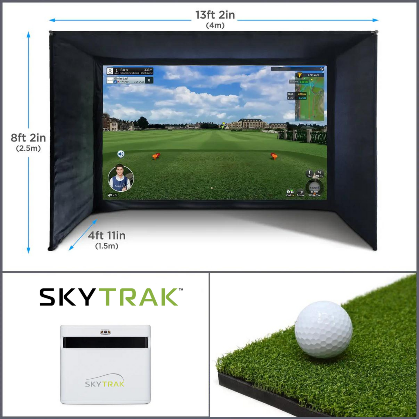 The SkyTrak+ Home Virtual Golf Simulator Bundle by SimTech Golf. Consisting of a SimTech enclosure, a skytrak+ launch monitor and a hitting mat.