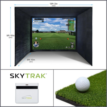 The SkyTrak+ Home Virtual Golf Simulator Bundle by SimTech Golf. Consisting of a SimTech enclosure, a skytrak+ launch monitor and a hitting mat.