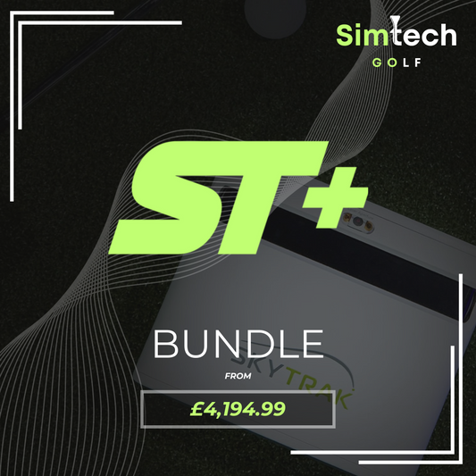 The SkyTrak+ Home Virtual Golf Simulator Bundle by SimTech Golf. Consisting of a SimTech enclosure, a skytrak+ launch monitor and a hitting mat.