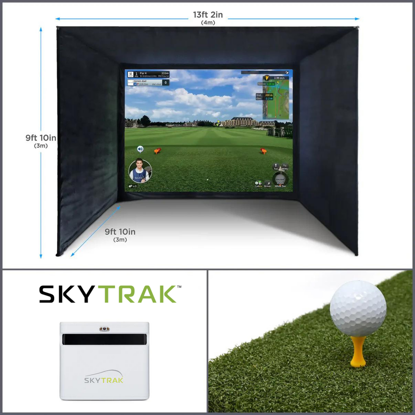 The SkyTrak+ Home Virtual Golf Simulator Bundle by SimTech Golf. Consisting of a SimTech enclosure, a skytrak+ launch monitor and a hitting mat.