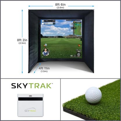 The SkyTrak+ Home Virtual Golf Simulator Bundle by SimTech Golf. Consisting of a SimTech enclosure, a skytrak+ launch monitor and a hitting mat.