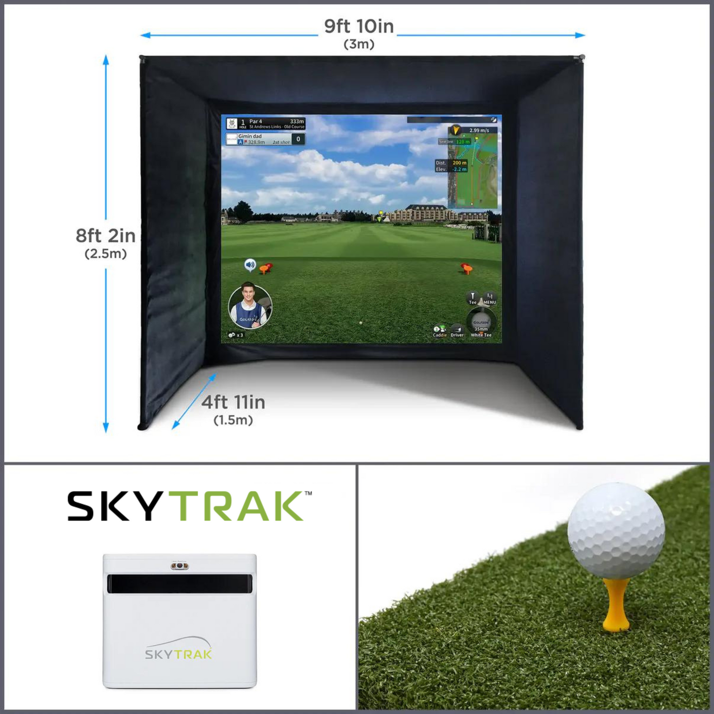 The SkyTrak+ Home Virtual Golf Simulator Bundle by SimTech Golf. Consisting of a SimTech enclosure, a skytrak+ launch monitor and a hitting mat.