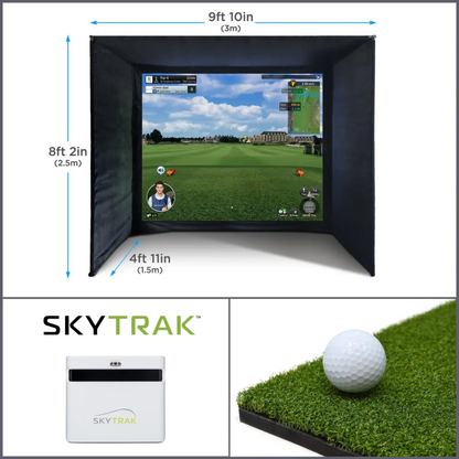 The SkyTrak+ Home Virtual Golf Simulator Bundle by SimTech Golf. Consisting of a SimTech enclosure, a skytrak+ launch monitor and a hitting mat.