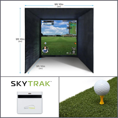 The SkyTrak+ Home Virtual Golf Simulator Bundle by SimTech Golf. Consisting of a SimTech enclosure, a skytrak+ launch monitor and a hitting mat.